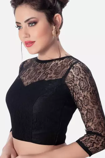 Net butter crepe black designer princess cut padded 3/4th sleeves readymade saree blouse