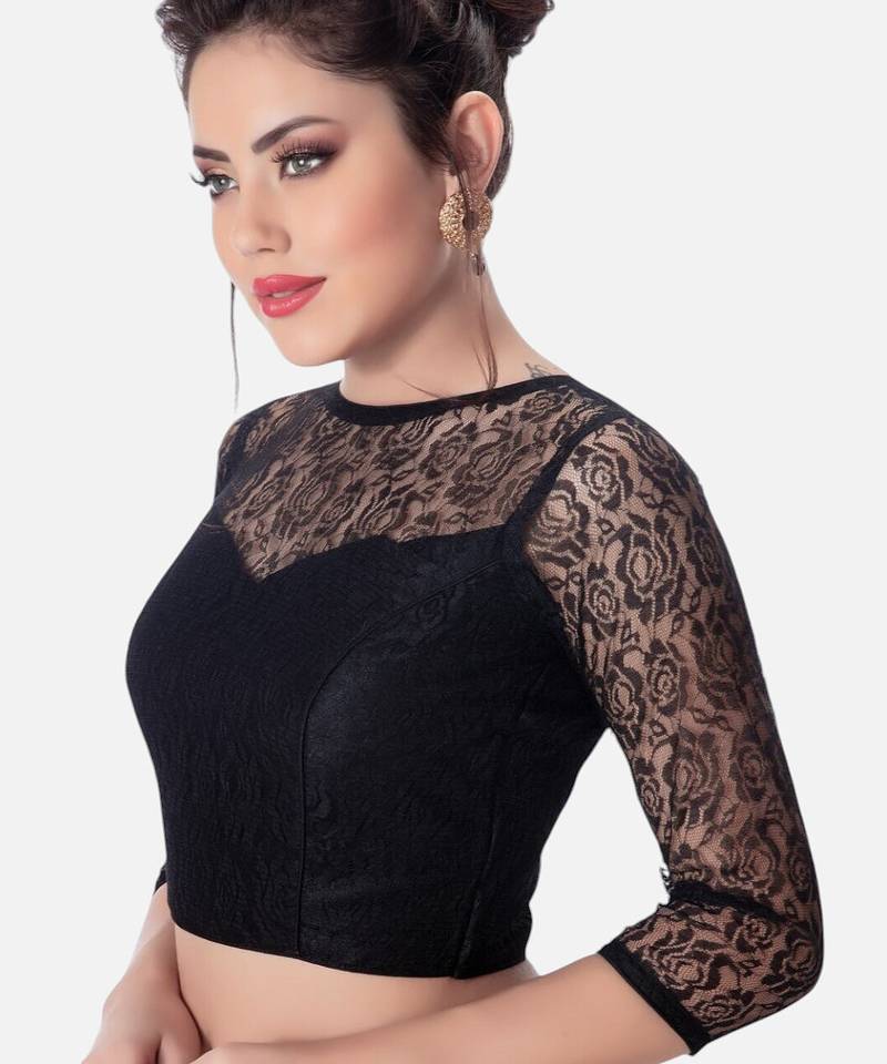 Net butter crepe black designer princess cut padded 3/4th sleeves readymade saree blouse