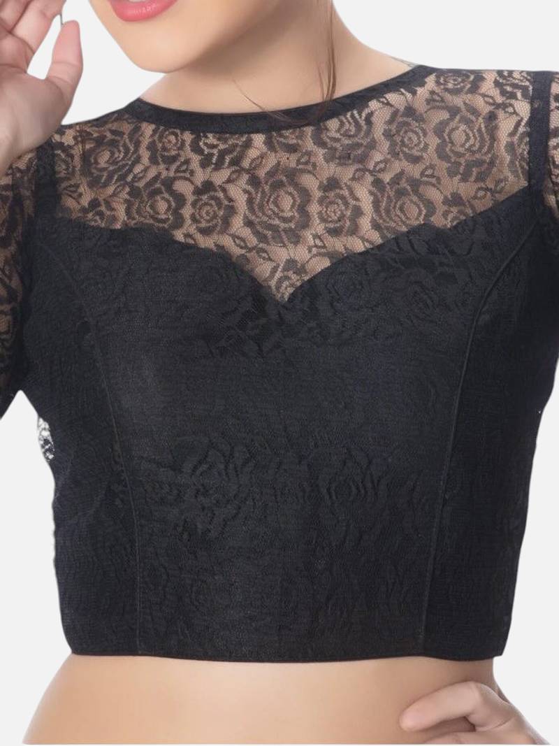 Net butter crepe black designer princess cut padded 3/4th sleeves readymade saree blouse