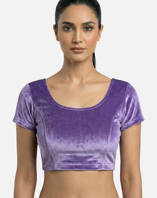 Velvet light purple short sleeves princess cut stretchable readymade saree blouse 1