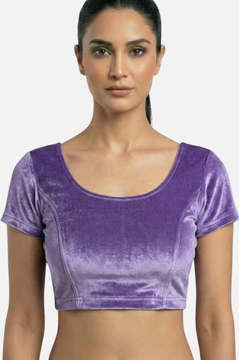 Velvet light purple short sleeves princess cut stretchable readymade saree blouse