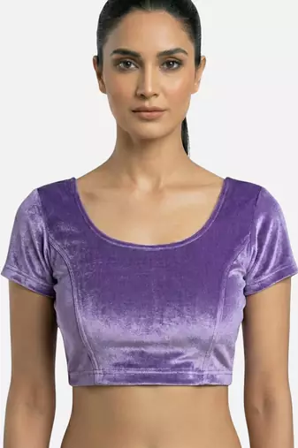 Velvet light purple short sleeves princess cut stretchable readymade saree blouse
