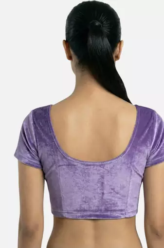 Velvet light purple short sleeves princess cut stretchable readymade saree blouse
