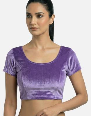 Velvet light purple short sleeves princess cut stretchable readymade saree blouse 3
