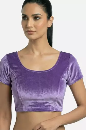 Velvet light purple short sleeves princess cut stretchable readymade saree blouse