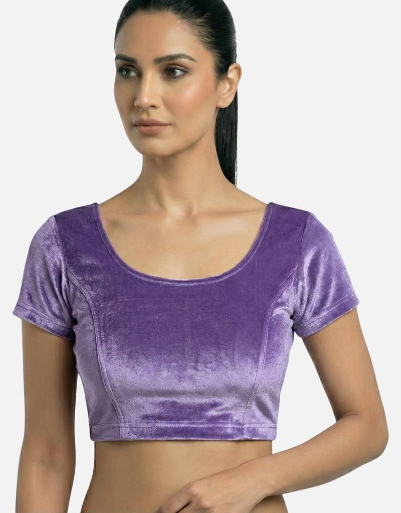 Velvet light purple short sleeves princess cut stretchable readymade saree blouse