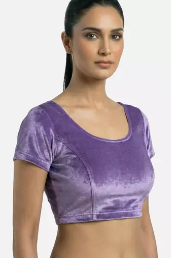 Velvet light purple short sleeves princess cut stretchable readymade saree blouse