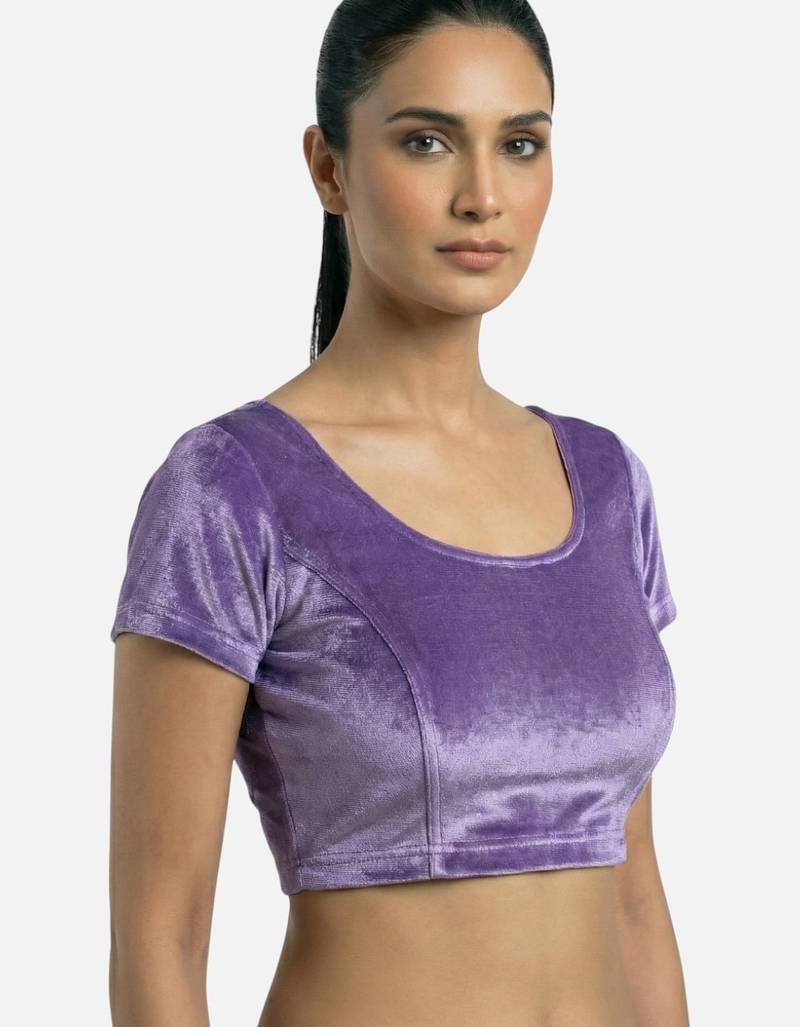 Velvet light purple short sleeves princess cut stretchable readymade saree blouse