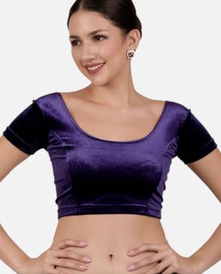 Velvet purple short sleeves princess cut stretchable readymade saree blouse 1