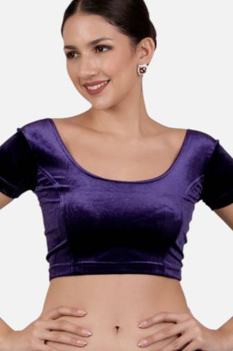 Velvet purple short sleeves princess cut stretchable readymade saree blouse