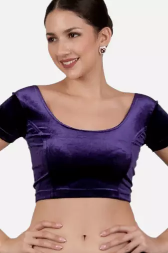 Velvet purple short sleeves princess cut stretchable readymade saree blouse