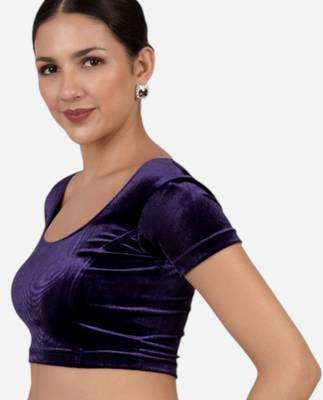 Velvet purple short sleeves princess cut stretchable readymade saree blouse 3