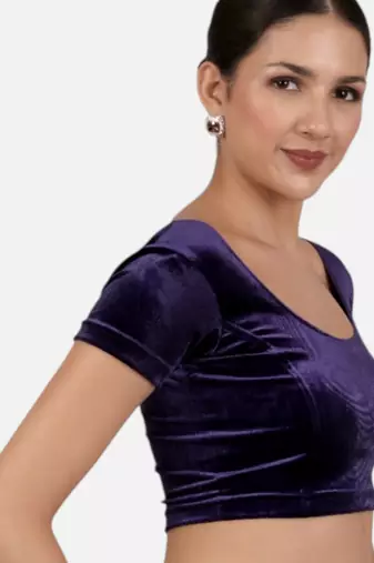 Velvet purple short sleeves princess cut stretchable readymade saree blouse