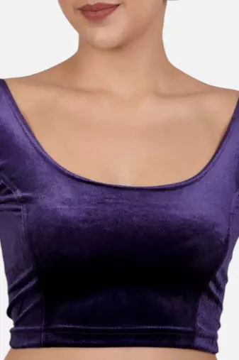 Velvet purple short sleeves princess cut stretchable readymade saree blouse