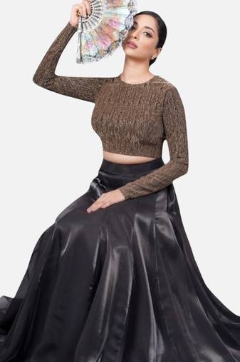 Copper tissue high neck full sleeves readymade blouse