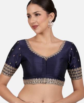 Navy blue dupion silk saree blouse 1