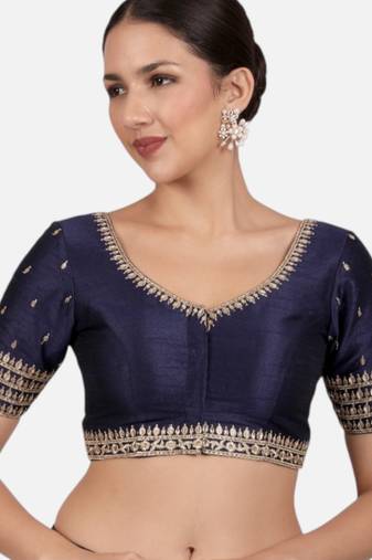 Navy blue dupion silk saree blouse