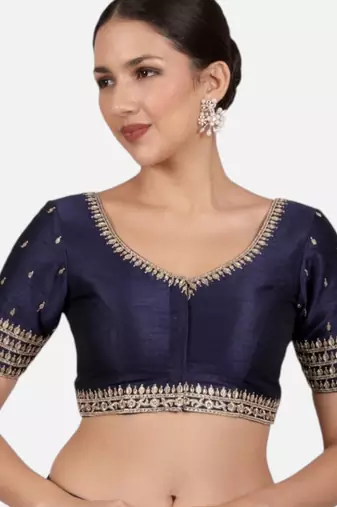 Navy blue dupion silk saree blouse
