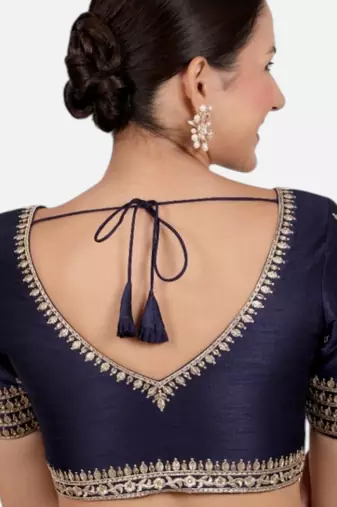 Navy blue dupion silk saree blouse