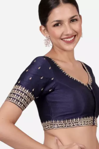 Navy blue dupion silk saree blouse