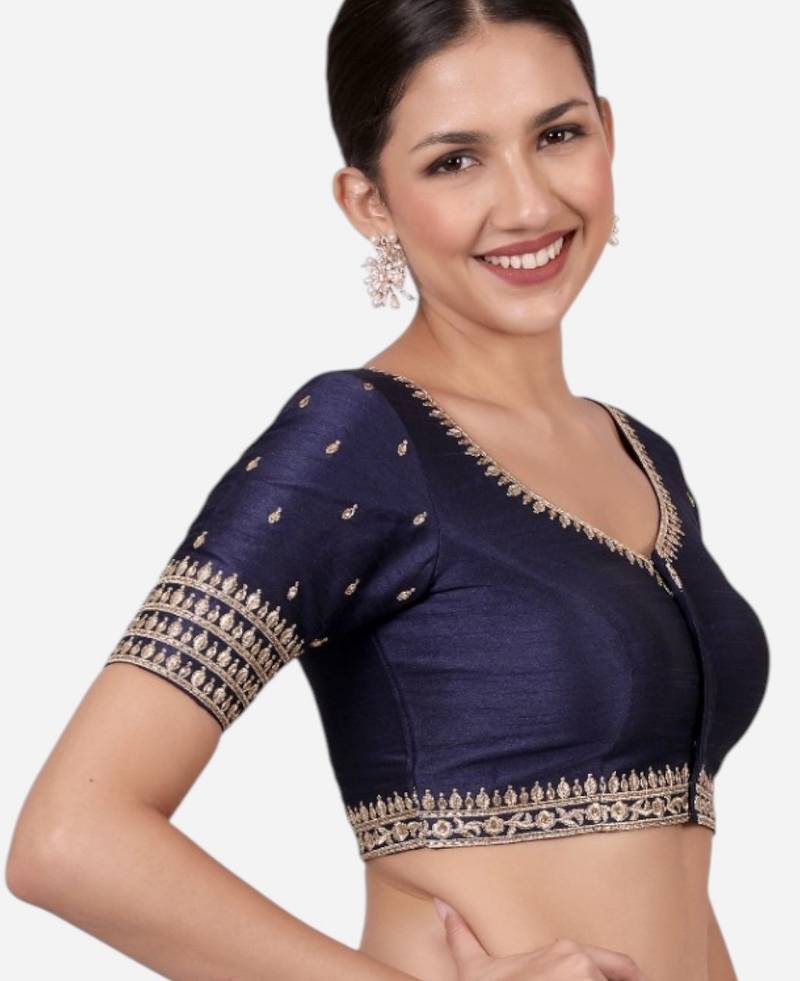 Navy blue dupion silk saree blouse