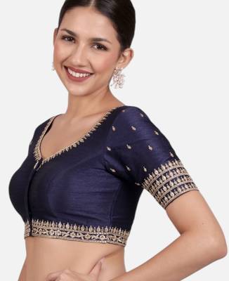 Navy blue dupion silk saree blouse 4