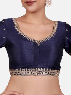Navy blue dupion silk saree blouse 5
