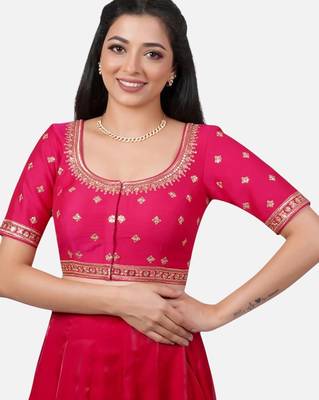 Rani pink silk embroidered round neck readymade saree blouse 1