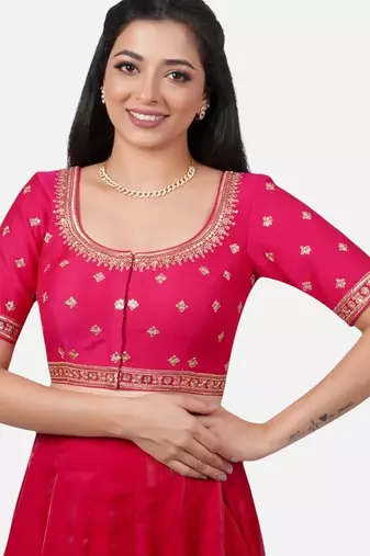 Rani pink silk embroidered round neck readymade saree blouse