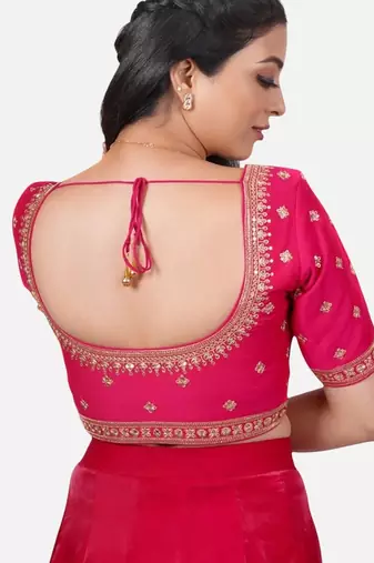 Rani pink silk embroidered round neck readymade saree blouse