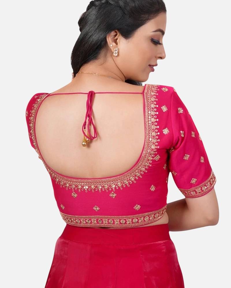 Rani pink silk embroidered round neck readymade saree blouse