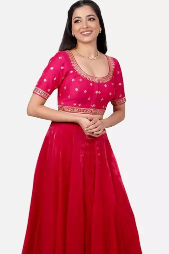 Rani pink silk embroidered round neck readymade saree blouse