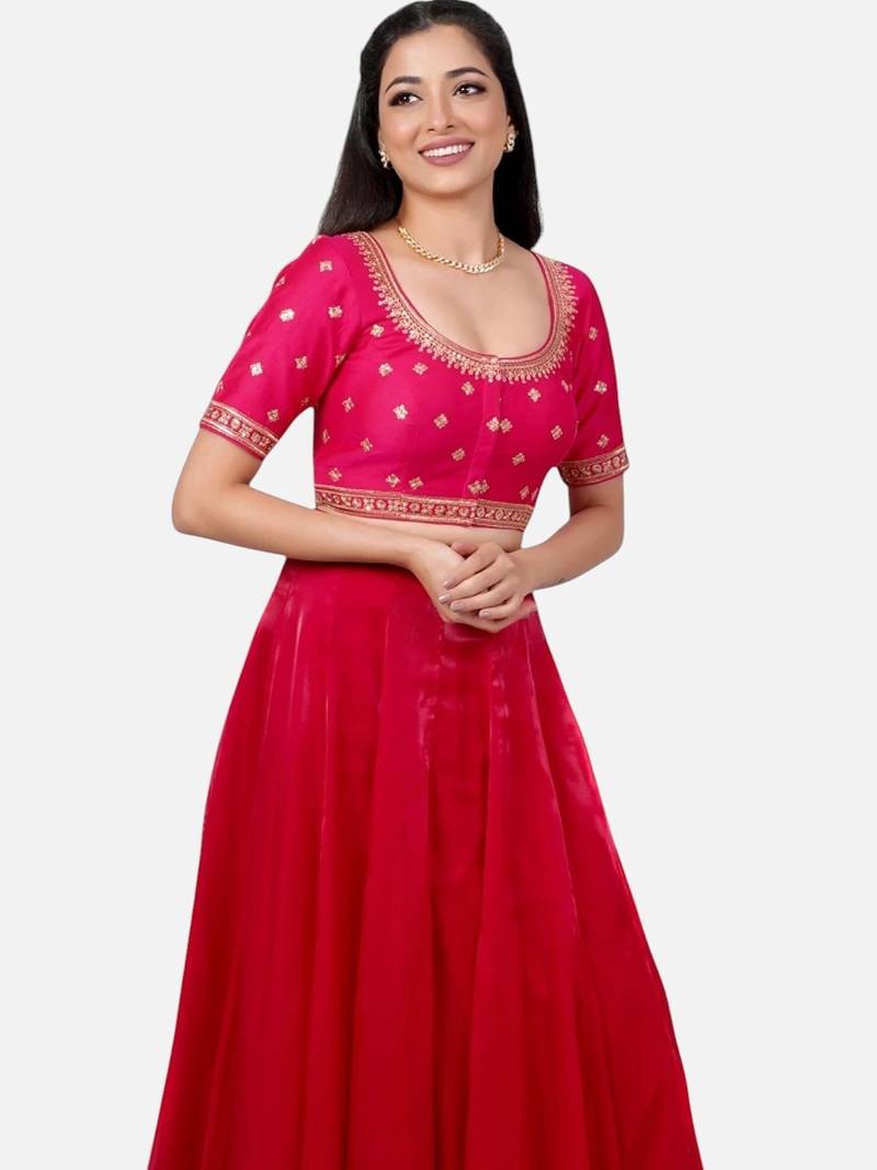 Rani pink silk embroidered round neck readymade saree blouse