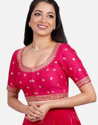 Rani pink silk embroidered round neck readymade saree blouse 4