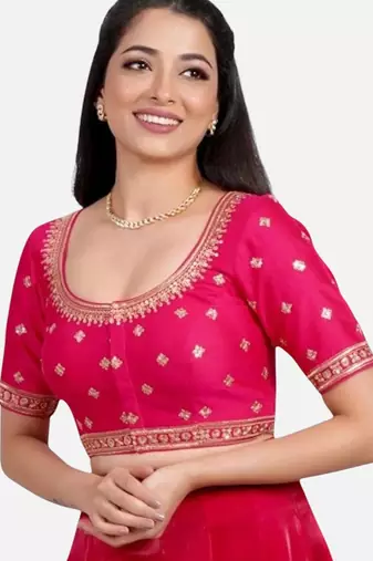 Rani pink silk embroidered round neck readymade saree blouse