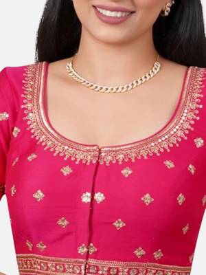 Rani pink silk embroidered round neck readymade saree blouse 5