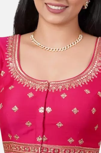 Rani pink silk embroidered round neck readymade saree blouse