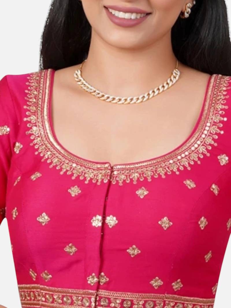 Rani pink silk embroidered round neck readymade saree blouse
