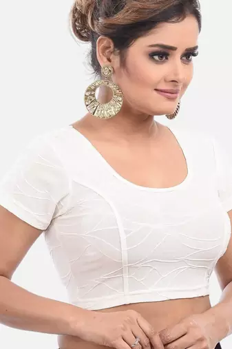 Off white spandex short sleeves stretchable readymade saree blouse