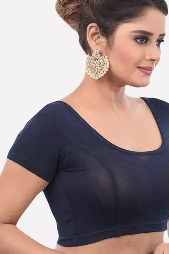 Navy spandex short sleeves stretchable readymade saree blouse