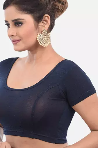 Navy spandex short sleeves stretchable readymade saree blouse