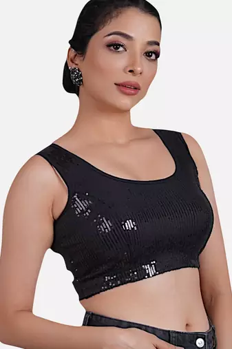 Sequin embellished stretchable round neck blouse