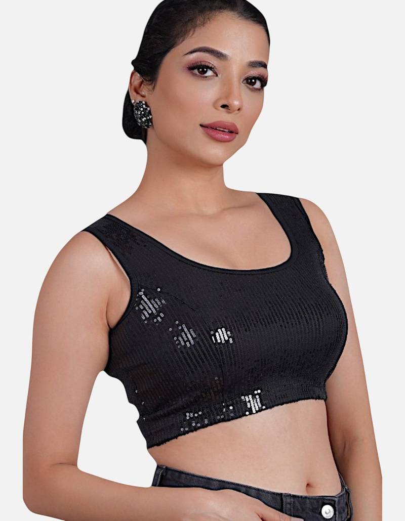 Sequin embellished stretchable round neck blouse