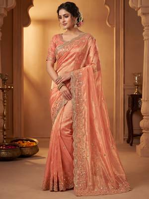 Pure Soft Fandy Satin SEQUENCE Work Women's Orange Color Saree With Blouse Set 1