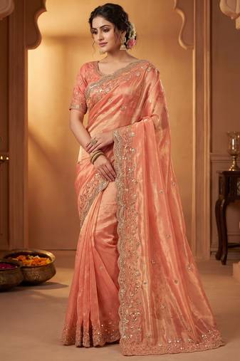 Pure Soft Fandy Satin SEQUENCE Work Women's Orange Color Saree With Blouse Set