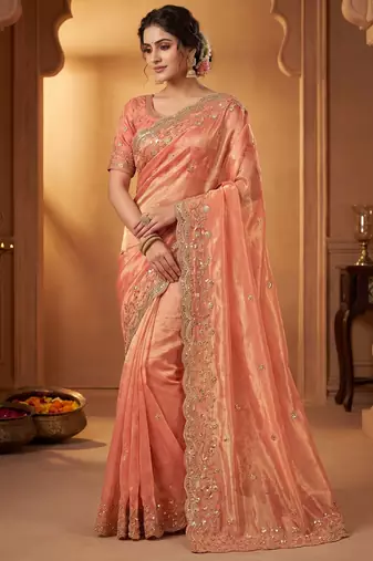 Pure Soft Fandy Satin SEQUENCE Work Women's Orange Color Saree With Blouse Set