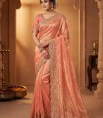 Pure Soft Fandy Satin SEQUENCE Work Women's Orange Color Saree With Blouse Set
