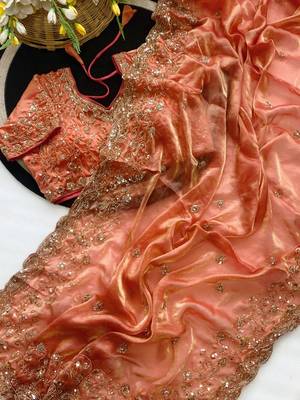 Pure Soft Fandy Satin SEQUENCE Work Women's Orange Color Saree With Blouse Set 2