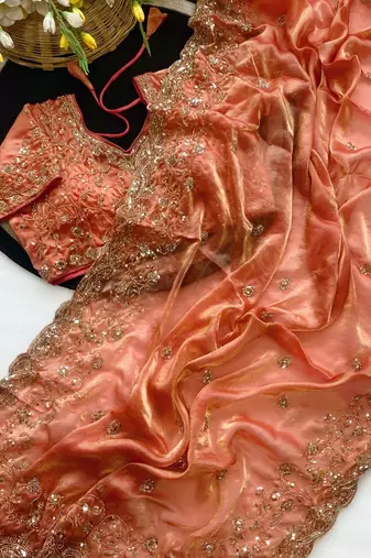 Pure Soft Fandy Satin SEQUENCE Work Women's Orange Color Saree With Blouse Set