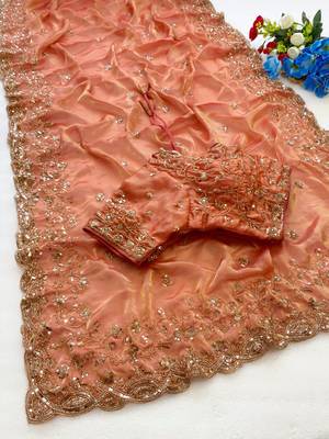 Pure Soft Fandy Satin SEQUENCE Work Women's Orange Color Saree With Blouse Set 3